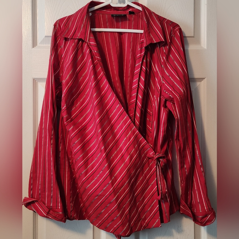 Red and White Striped Wrap Blouse